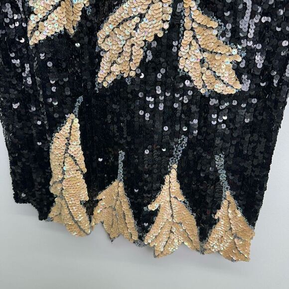 Lillie Rubin Women’s Black Cream All Over Sequin Leaf Illusion Neck Mini Dress - Picture 12 of 16